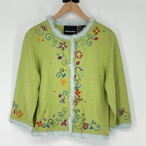 Michael Simon Embroidered Floral Cardigan Fur‎ Trim Green L Vintage